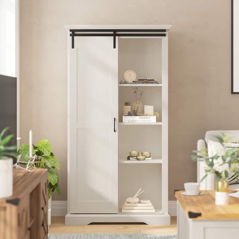 Farmhouse Storage Cabinet with Adjustable Shelves and Sliding Barn Door - 16.75"D x 36.25"W x 68"H