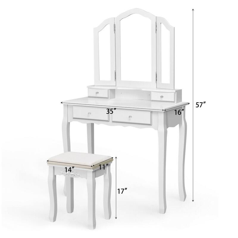 Gymax Bedroom Tri Folding Mirror Vanity Makeup Table Stool Set White
