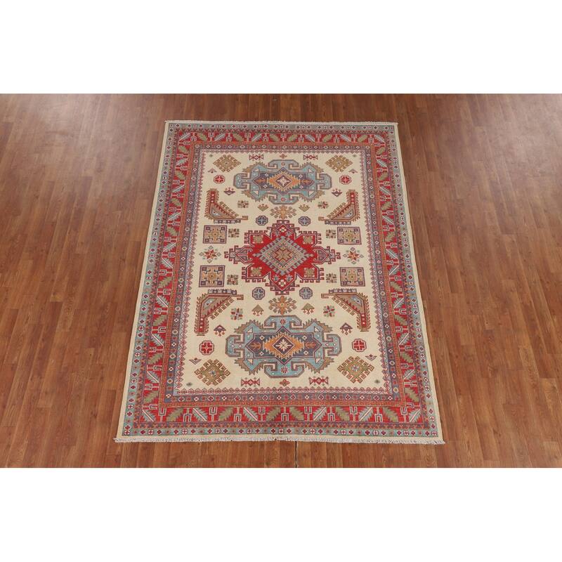Ivory Kazak Area Rug Handmade Wool Carpet - 5'9" x 7'8"