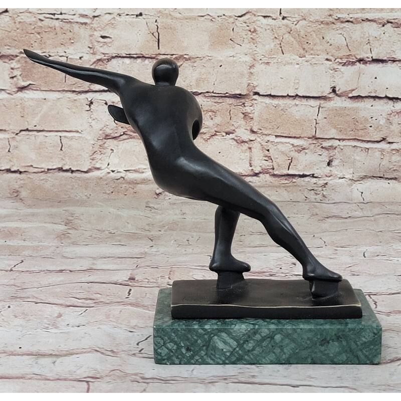 Abstract Modern Art Ice Skater Bronze Sculpture Green Marble Base Figurine Figure