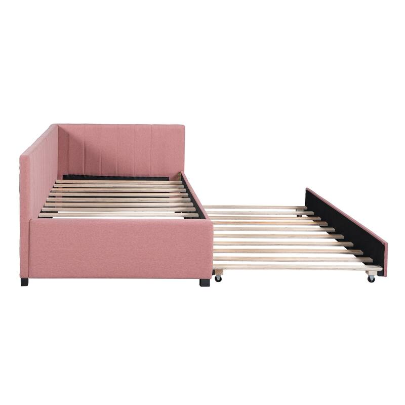 Twin Size Sofa Bed Frame Linen Upholstered Daybed with L Shaped Backrest and Twin Size Trundle for Livingroom - Pink