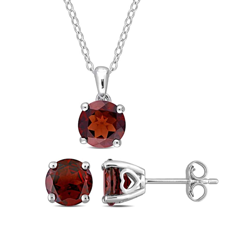 Miadora 4 4/5ct TGW Garnet Solitaire Stud Earring and Necklace Set in Sterling Silver