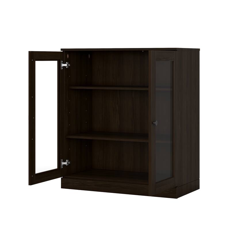 100% Solid Wood Short Bookcase with Glass Doors, Adjustable Shelves, Modular Storage Bookshelf, 32" W x 35.75" H