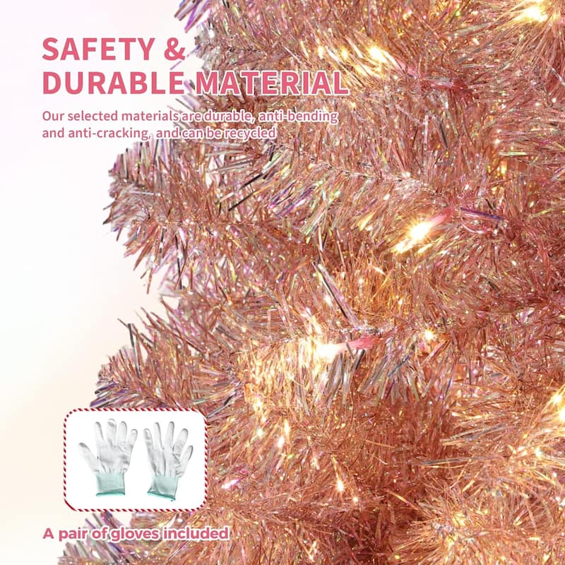 Prelit 4.5Ft Rose Gold Tinsel Fake Christmas Tree with 150 Warm White LED Lights, Metal Stand