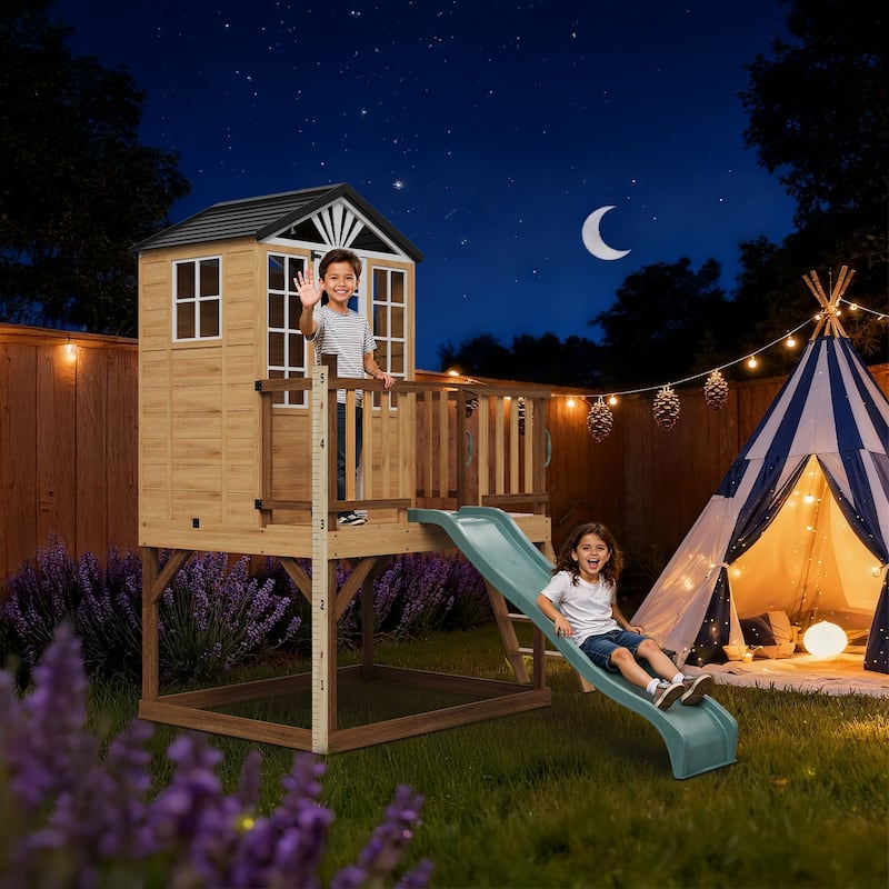 9-in-1 Wooden Playhouse with Slide & Sandbox