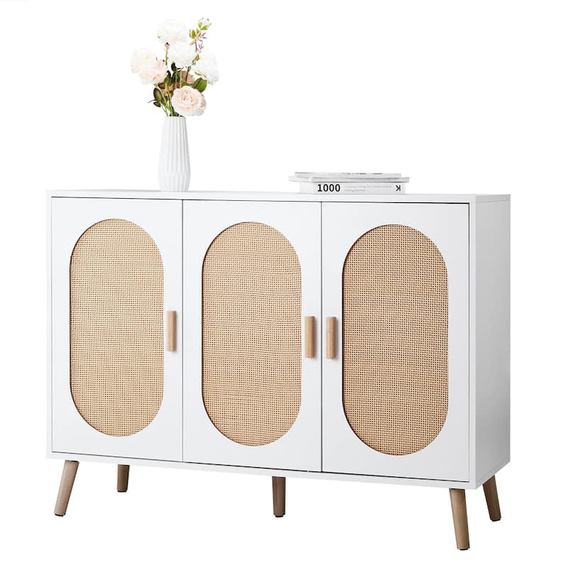 3-Door Shoe Cabinet with White Frame and Oval Rattan Surface Perfect for Home Entry Storage - 44.49"L × 15.75"W × 32.87"H
