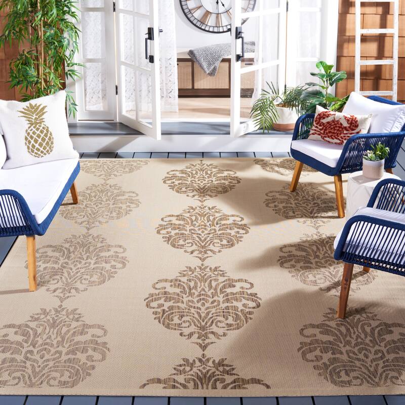 SAFAVIEH Courtyard Pauley Damask Indoor/ Outdoor Waterproof Patio Backyard Rug - 8' x 11' - Natural/Brown