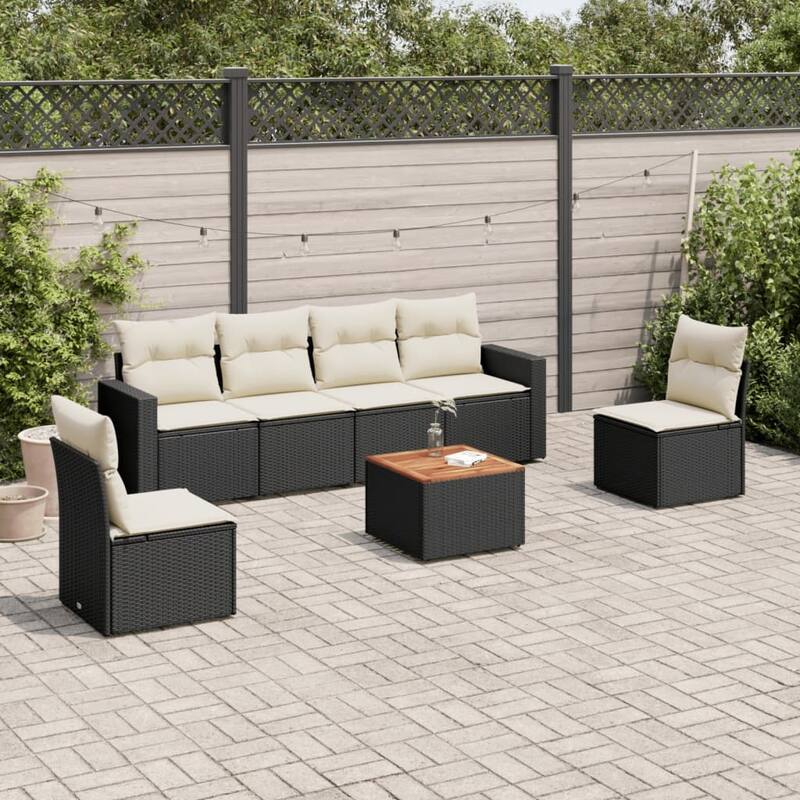 vidaXL Patio Sofa Set with Cushions Outdoor Furniture 7 Piece Poly Rattan - 25.8 x 24.4 x 27.2 - Black and Cream