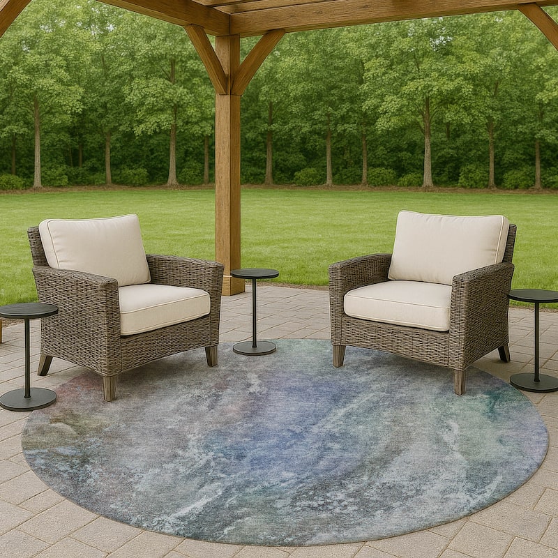 Machine Washable Indoor/ Outdoor Abstract Watercolor Chantille Rug - Blue - 8' x 8'