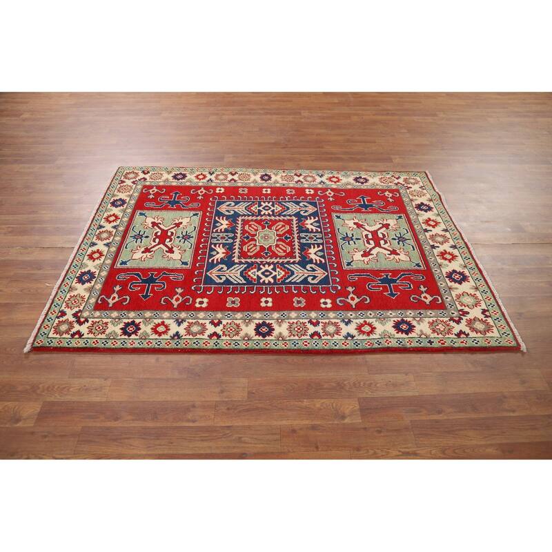 Red Kazak Accent Rug Handmade Traditional Bedroom Wool Carpet - 4'0" x 5'8"