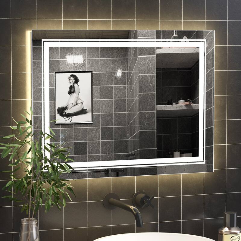 Large Rectangular Frameless Anti-Fog LED Wall Bathroom Vanity Mirror - 32'' x 24''