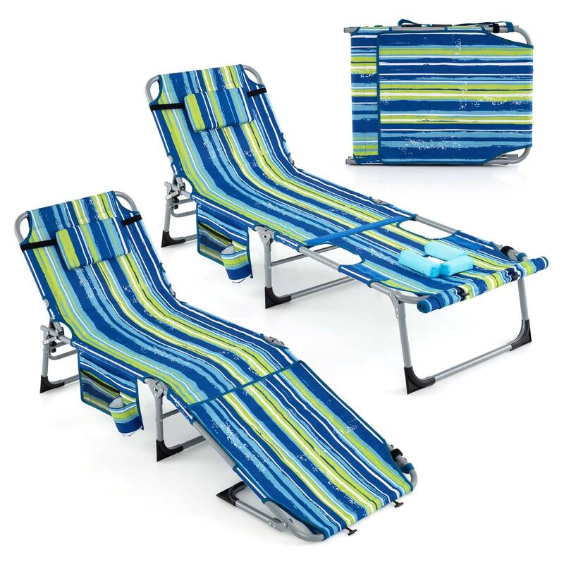 2 PCS Folding Tanning Chair Sunbathing Lounge Chair w/ Face Arm Hole - Navy Blue