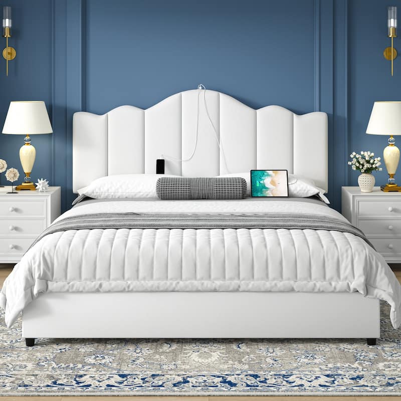 VECELO Platform Bed Frame with Type-C & USB Charging Stations Upholstered Adjustable Headboard Strong Wooden Slats Support - White - Full