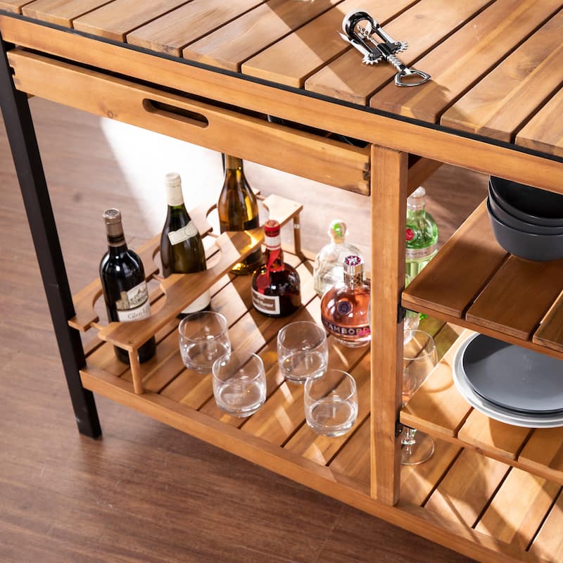 SEI Furniture Murston Natural Acacia Wood Outdoor Bar Cart with Storage and Bottle Holder