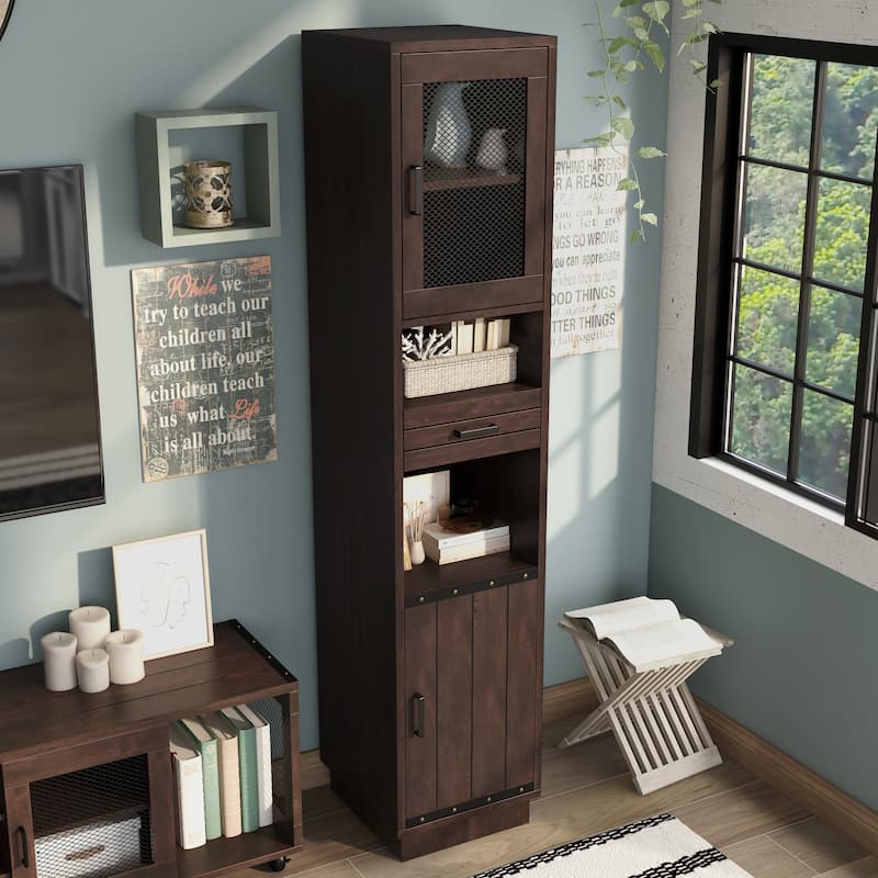Hury Farmhouse Walnut Multi-Storage TV Tower by Furniture of America