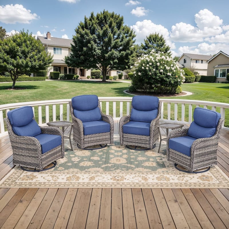 Outdoor Patio Sofa Swivel Chair with 6-Inch Thick Cushions Set - Grey Wicker Blue Cushion - 6PCS Swivel Chair w/ Table