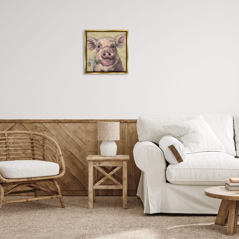 Stupell Pig Holding Daisy Sprig Framed Floater Canvas Wall Art Design By Sara G. Designs