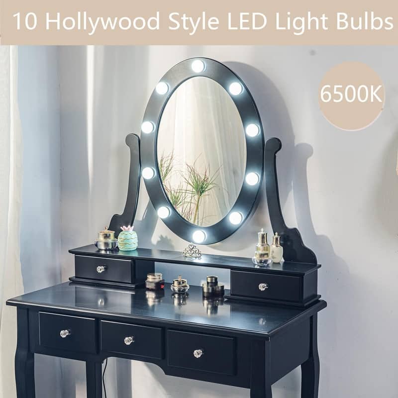 Space-Saving Makeup Vanity with LED Lights - 5 Drawer Desk and Stool