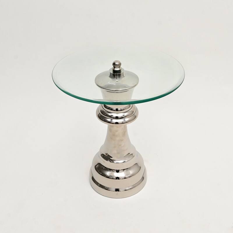 Decorative Nickel Finished Aluminum Queen Pedestal Accent Table with Glass Top - 18x18x21"- Unique Side Table