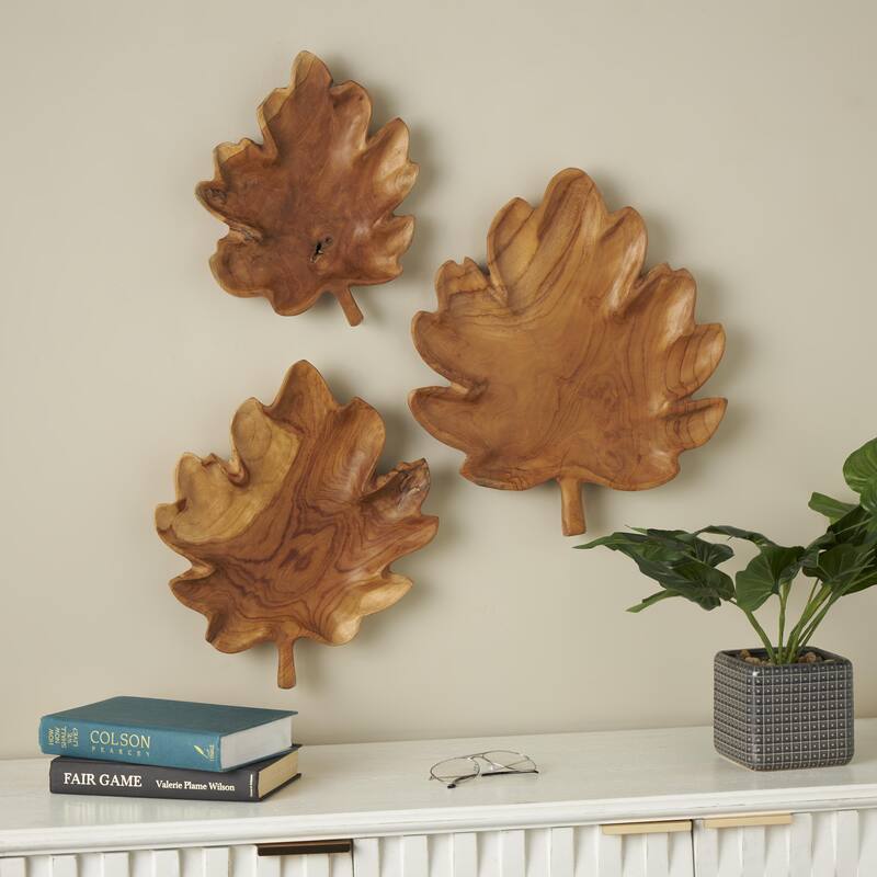 Teak Wood Leaf Handmade Carved Living Room Decor Tray - Set of 3 Brown - Roche River Decor