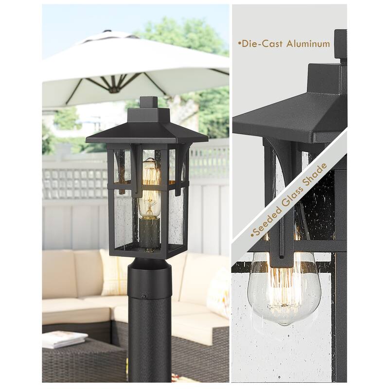 JAZAVA Outdoor Post Light, Outdoor Pole Lantern Pillar Light Fixture with Seeded Glass Shade, Matte Black Finish