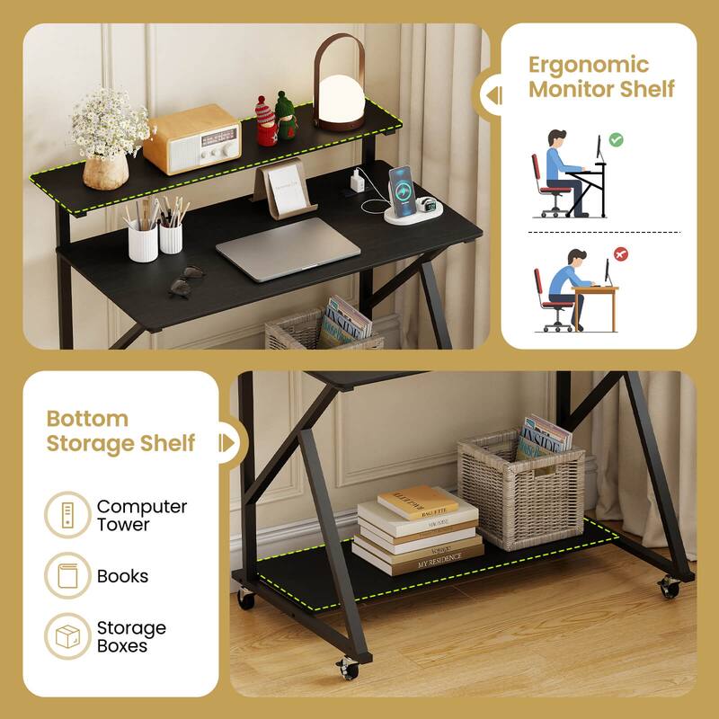 Costway Rolling Computer Desk with Charging Station Monitor Stand