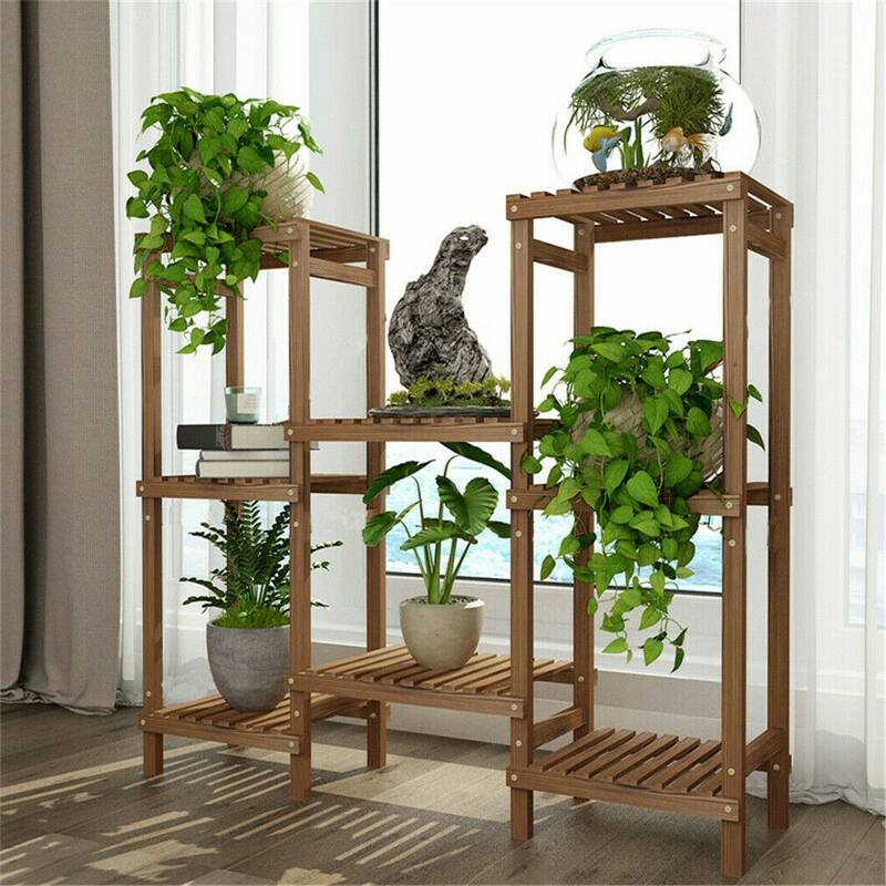 8 Tiered Pine Wood Plant Stands for Indoor Corner Flower Shelf - Brown