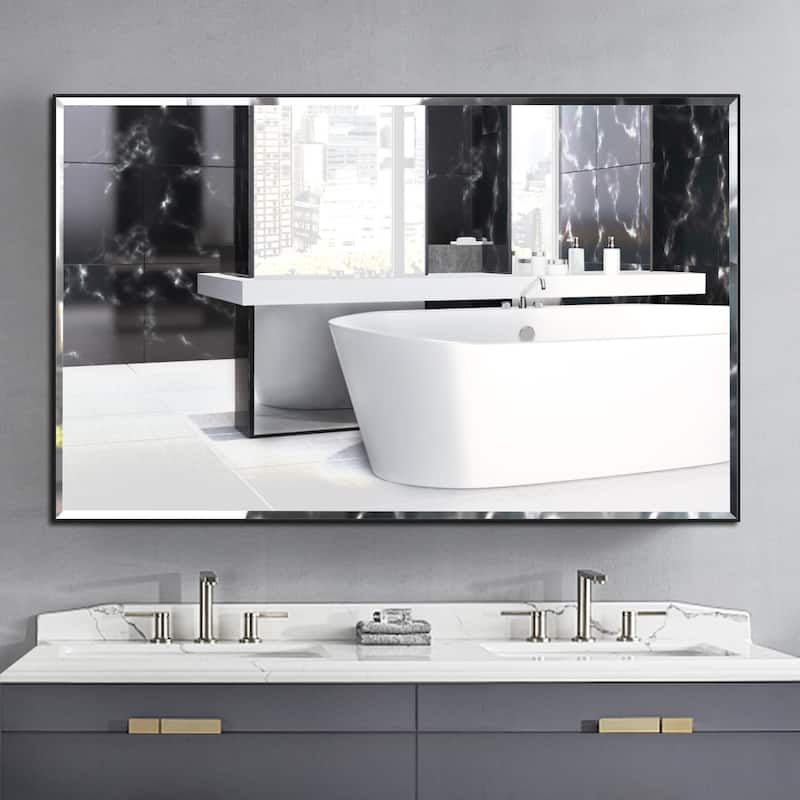 Aluminum Framed Rectangle Beveled Bathroom Wall Mirror - 48"W x 30"H - Black