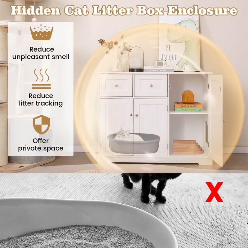 Costway Cat Litter Box Enclosure with 2 Drawers 3 Doors Anti-Toppling - See Details