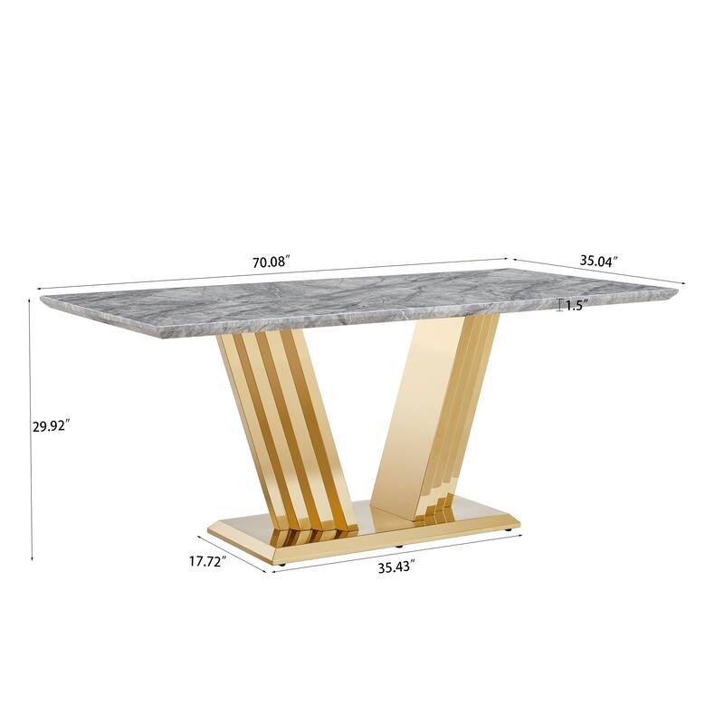 70'' Rectangle Faux Marble Dining Table with Mirrored Finish Stainless Steel Base - Grey+Gold