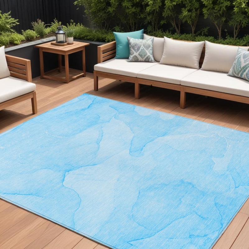 Dava Contemporary Abstract Weather Resistant Classic Meets Modern Outdoor Rug - 10' X 14' - Blue
