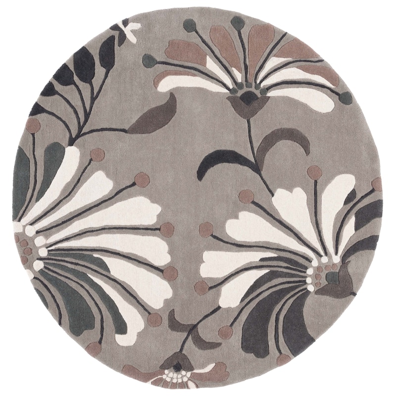 SAFAVIEH, Handmade Soho Renada Floral N.Z. Wool Rug - 6' Round - Grey/Ivory