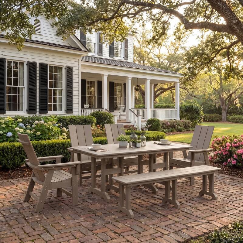 Shoreside 6-Piece Rectangular Poly Eco-Friendly All Weather Outdoor Dining Set with Bench - Weathered Wood