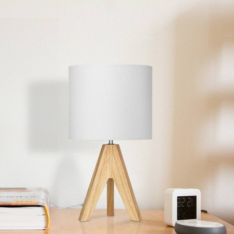 Set of 2 Modern Desk Lamps with Linen Drum Shade and Wooden Tripod Base for Bedroom or Living Room