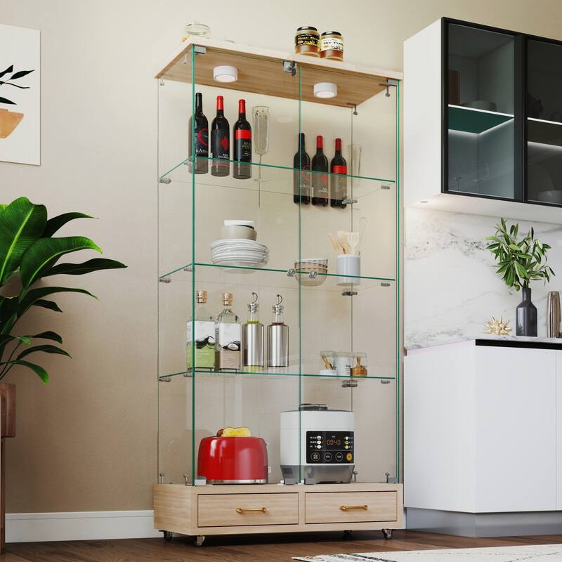 Modern Glass Display Cabinet with Large Drawer for Living Room and Bedroom