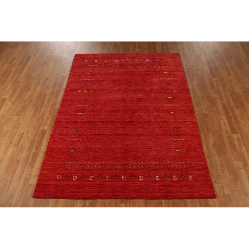 Hand Knotted Oriental 100% Wool Carpet Tribal Animal Pictorial Oranges & Rust Gabbeh Area Rug - 7' 8'' X 5' 5''