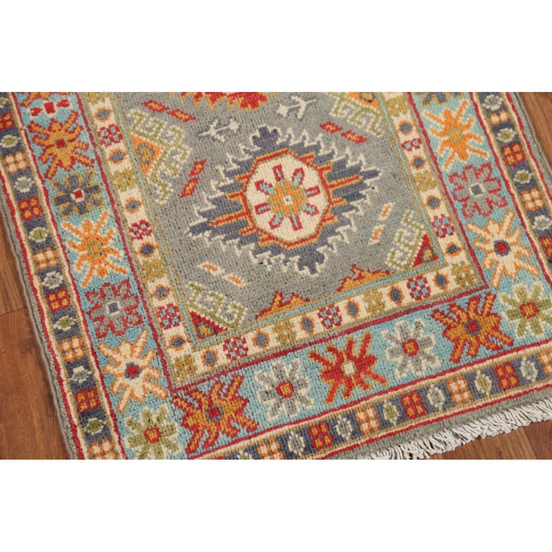 Gray Geometric Kazak Accent Rug Hand-Knotted Traditional Wool Carpet - 2'1"x 2'10"