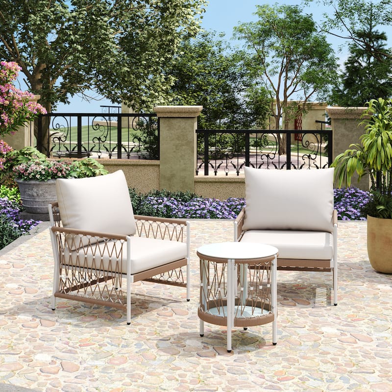 Roomfitters 3-Piece Outdoor Conversation Set with 2 Lounge Chairs and Glass Side Table, Handwoven Rope Patio Furniture - Beige+Lounge Chair