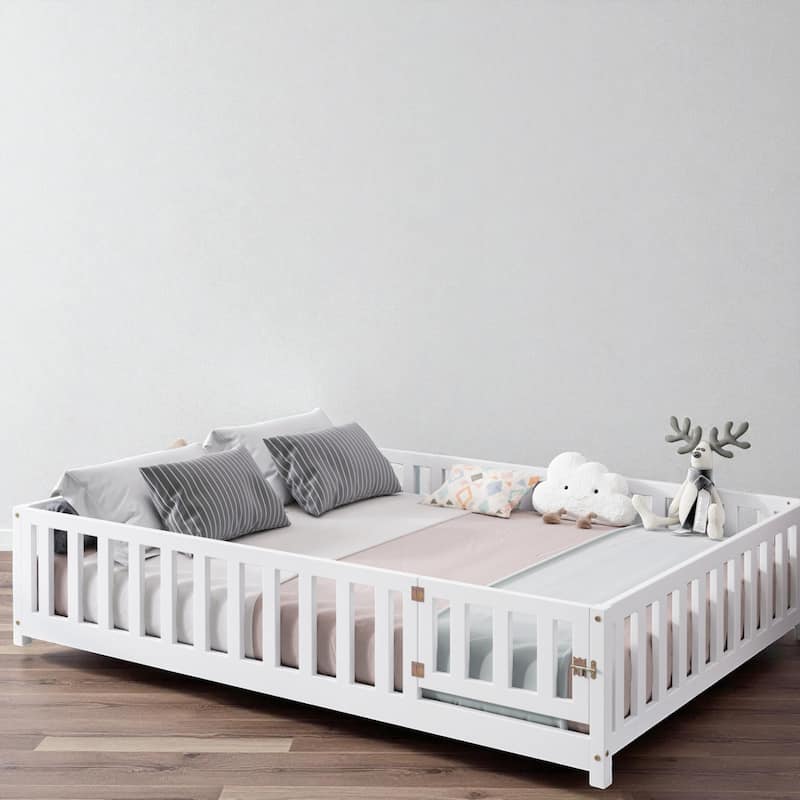 Full Size Montessori Floor Bed with Fence and Door, Solid Wood Platform Bed with Slats for Kids and Toddlers