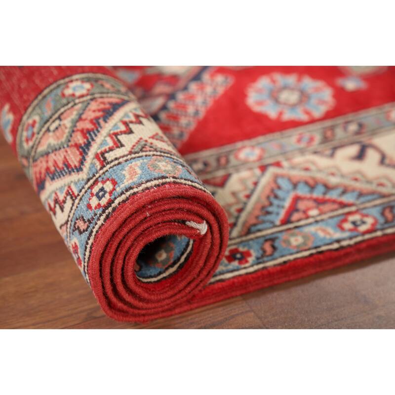Geometric Kazak Oriental Runner Rug Hand-Knotted Red Wool Carpet - 2'8" x 9'7"