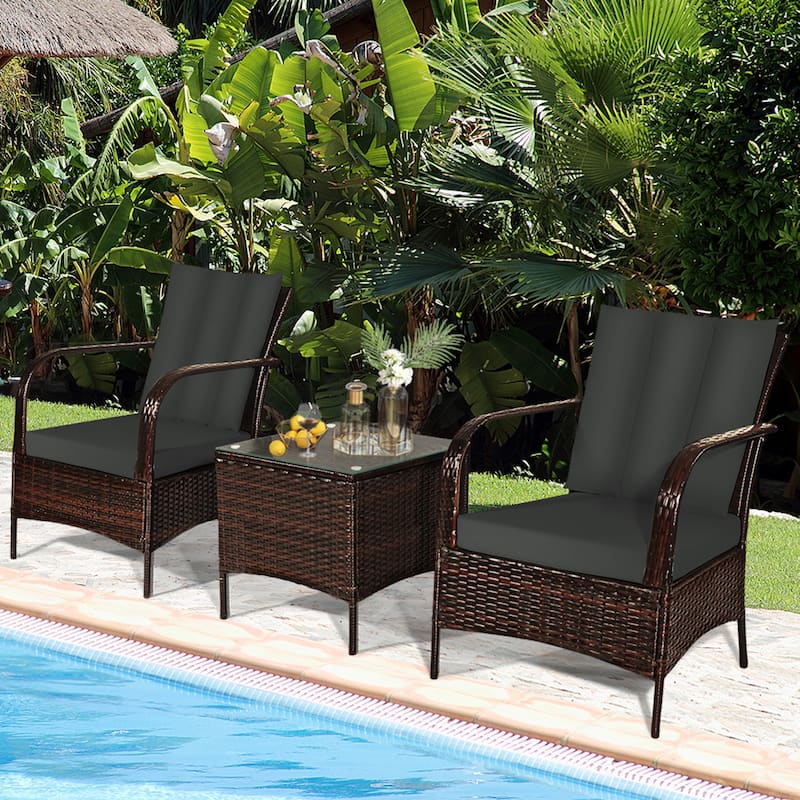Gymax 3PCS Outdoor Patio Rattan Conversation Set Furniture Set w/