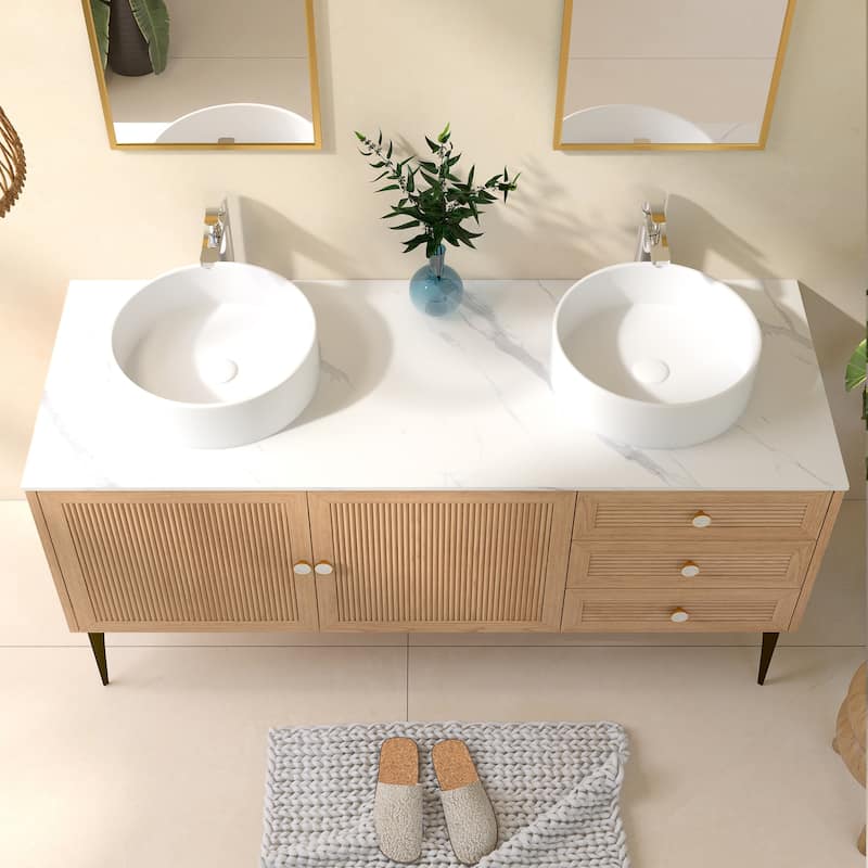 60" Freestanding Bathroom Vanity in Oak with White Ceramic Sink - 60'' x 20.05'' x 33.46''