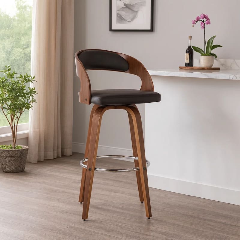 30 Inch Swivel Faux Leather Counter Height Barstool with Open Back, Brown