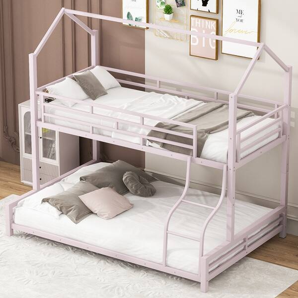 slide 2 of 40, Contemporary Design Metal House Bunk Bed with Roof, Safety and Convenience, Twin over Full Pink