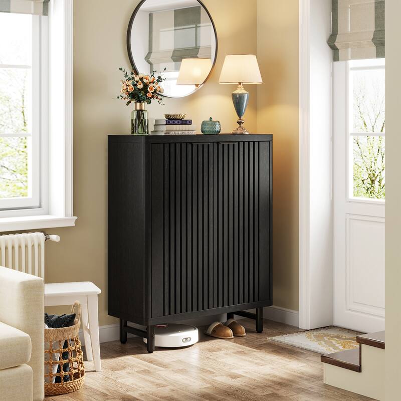 Wooden Shoe Cabinet with Shutter Doors, Adjustable Shelves Large Hidden Storage Organizer Rack for Entryway Hallway