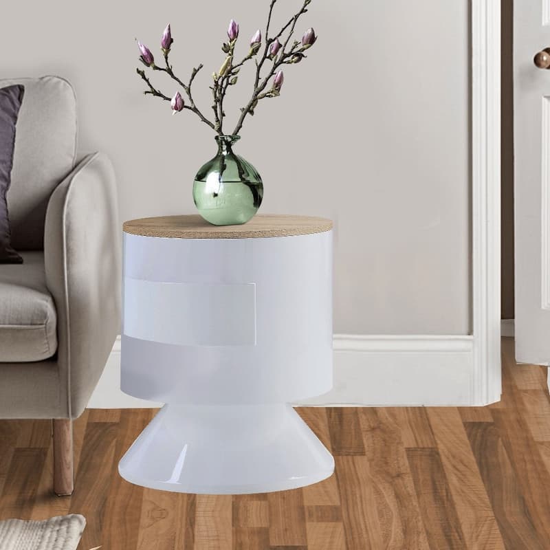 White-Brown Pyramidal Base Circular Wooden Night Table with 1 Drawer - 19" L x 19" W x 22" H