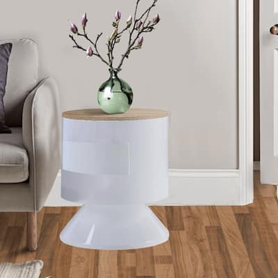White-Brown Pyramidal Base Circular Wooden Night Table with 1 Drawer - 19" L x 19" W x 22" H