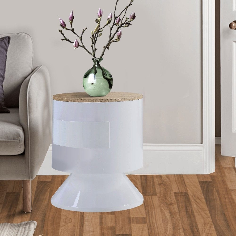 White-Brown Pyramidal Base Circular Wooden Night Table with 1 Drawer - 19" L x 19" W x 22" H
