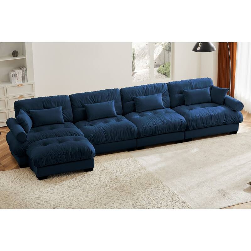 L-shaped Convertible Velvet Sectional Cloud Sofa with Ottoman & Pillows