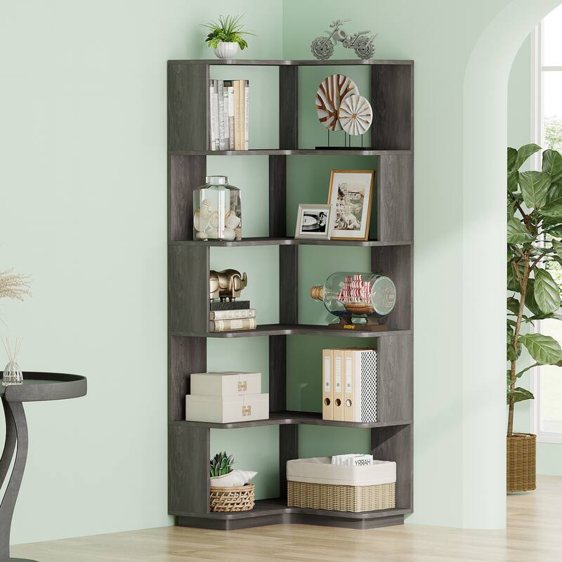 6-Tier Corner Bookshelf, 64.9 Inch Industrial Bookcase with Baffles